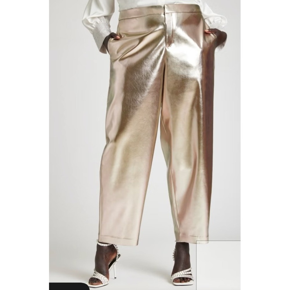 NWT ELOQUII Metallic Faux Leather Trouser Champagne Gold High Rise Straight 14